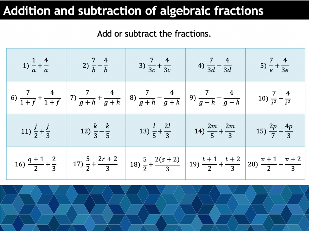 Adding And Subtracting Algebraic Fractions Ticktockmaths